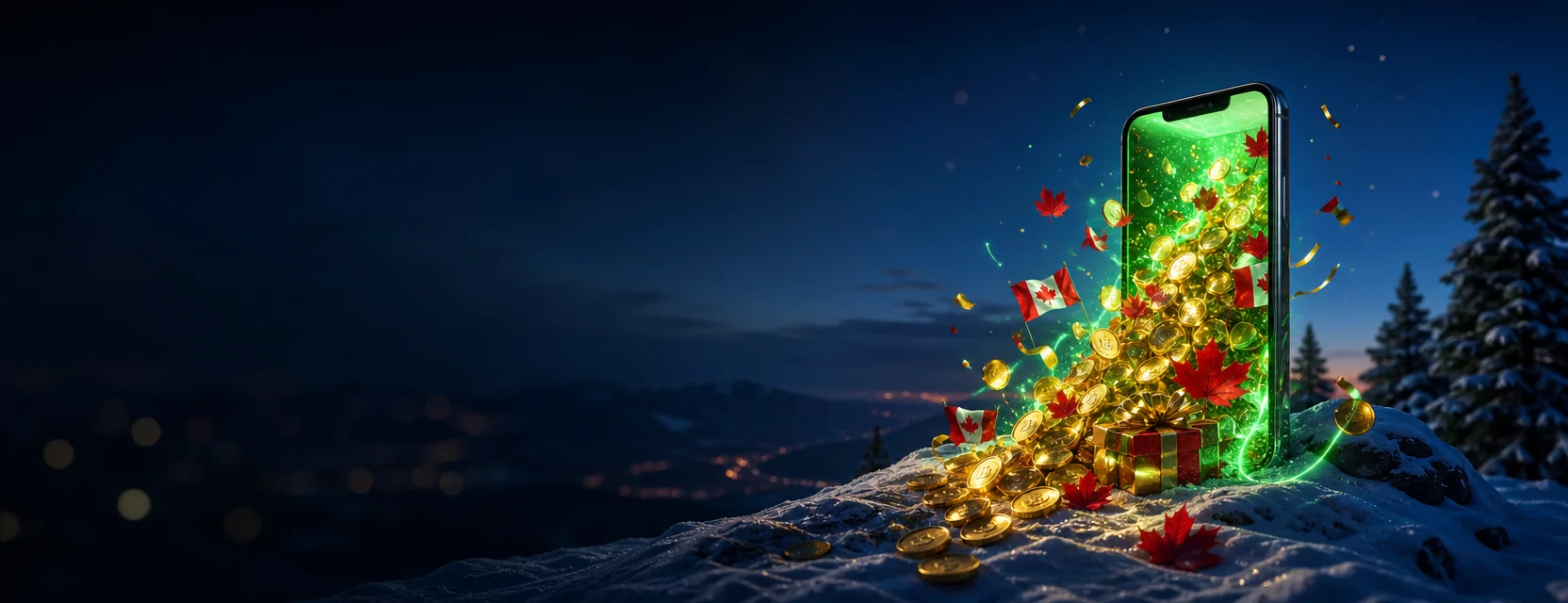 Giant phone standing in the snow on a hilltop, pouring gold coins and red maple leaves out of its screen