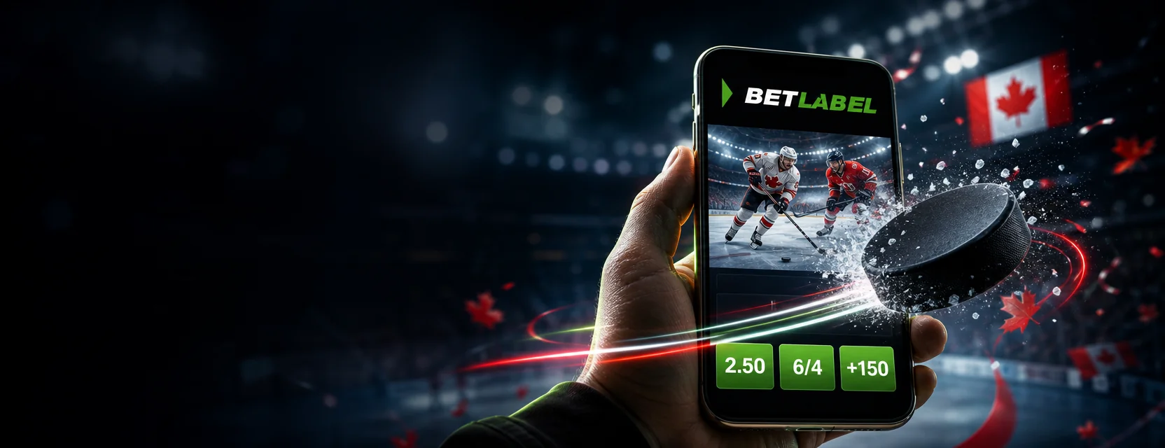 Hand holding a phone with the BetLabel app showing a live hockey game and the same price in three formats: 2.50, 6/4 and +150