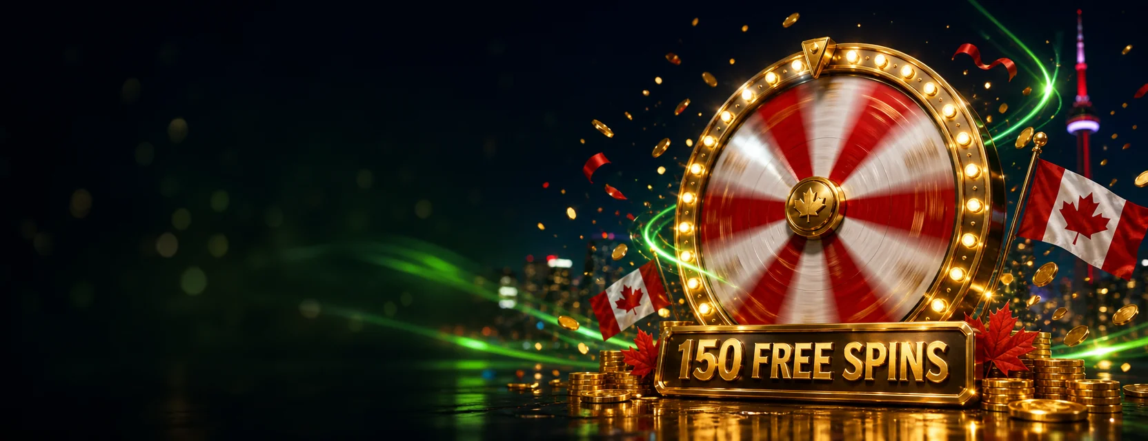 Spinning golden prize wheel with red and white segments above a glowing plaque that reads 150 FREE SPINS