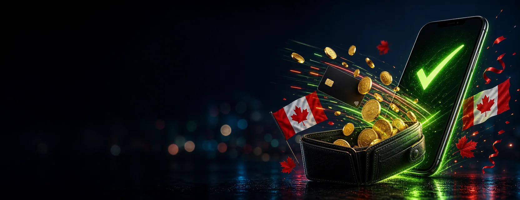 Phone with a glowing green check mark launching gold coins and a payment card along light trails into an open wallet
