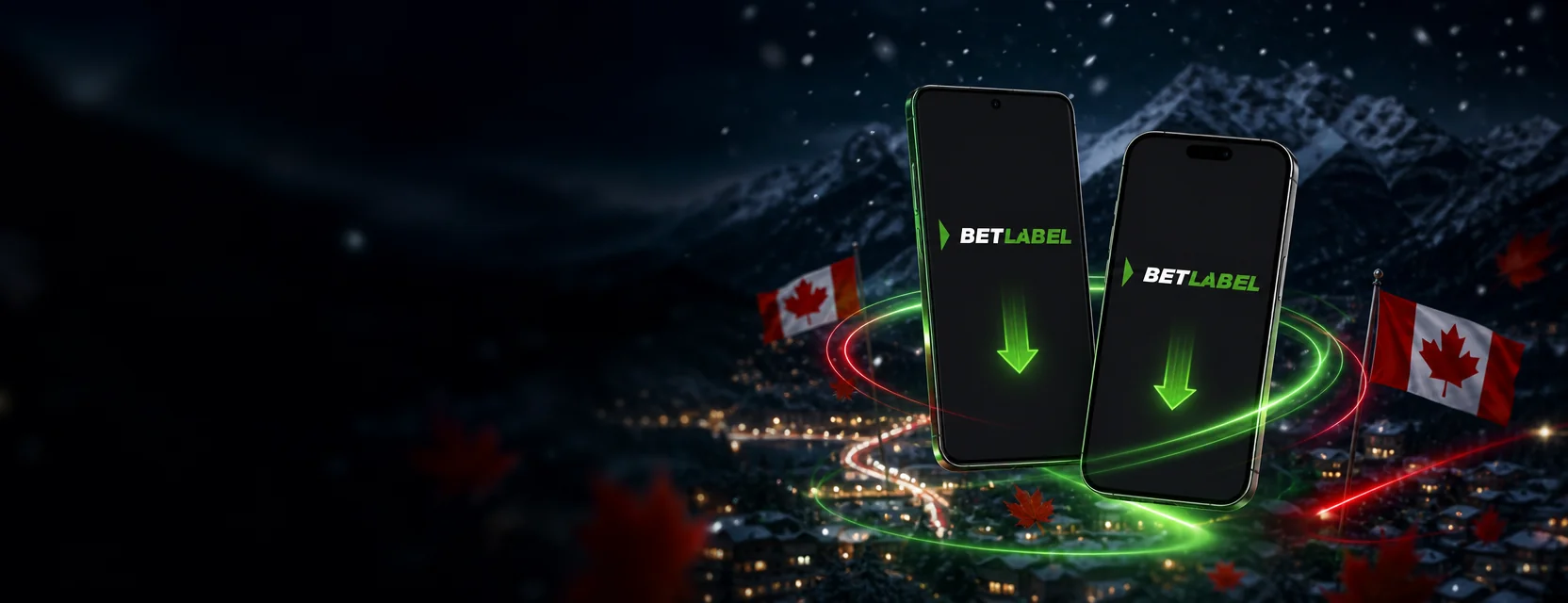 Two phones floating above a snowy mountain town at night, both showing the BetLabel logo, with glowing green download arrows