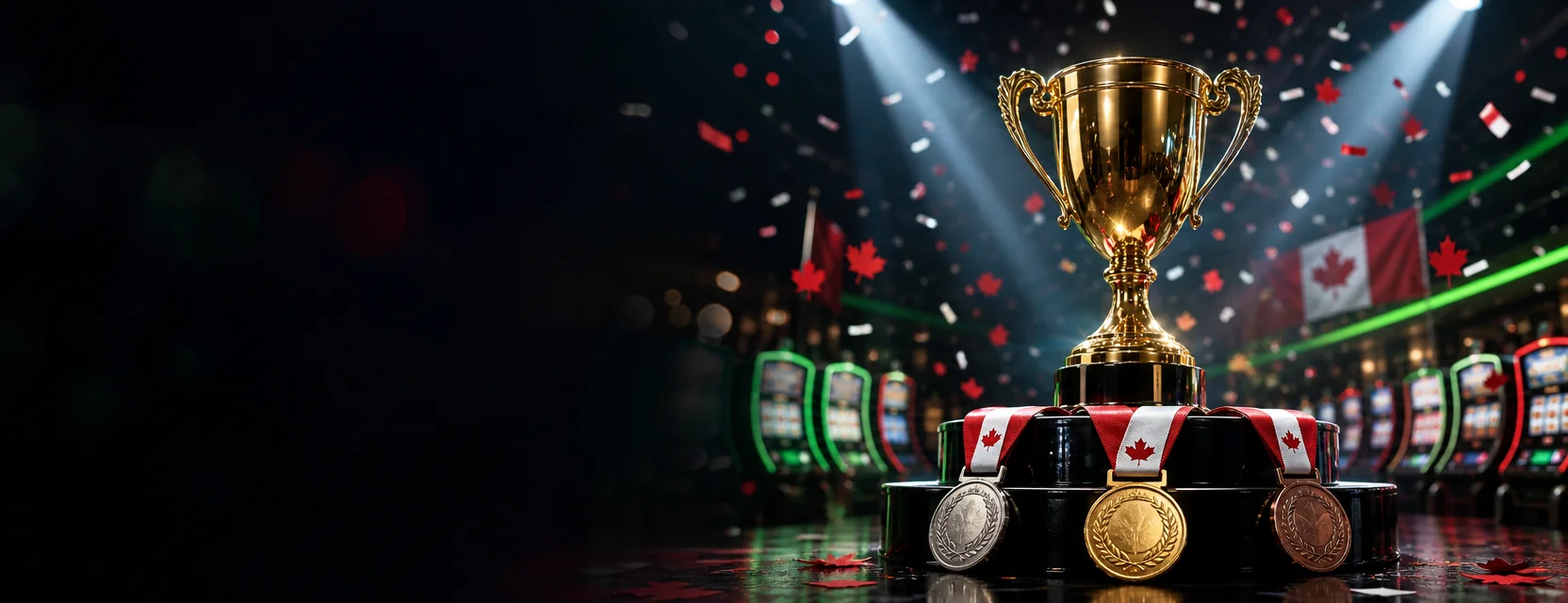 Golden trophy cup on a stage with gold, silver and bronze medals, glowing slot machines and red and white confetti