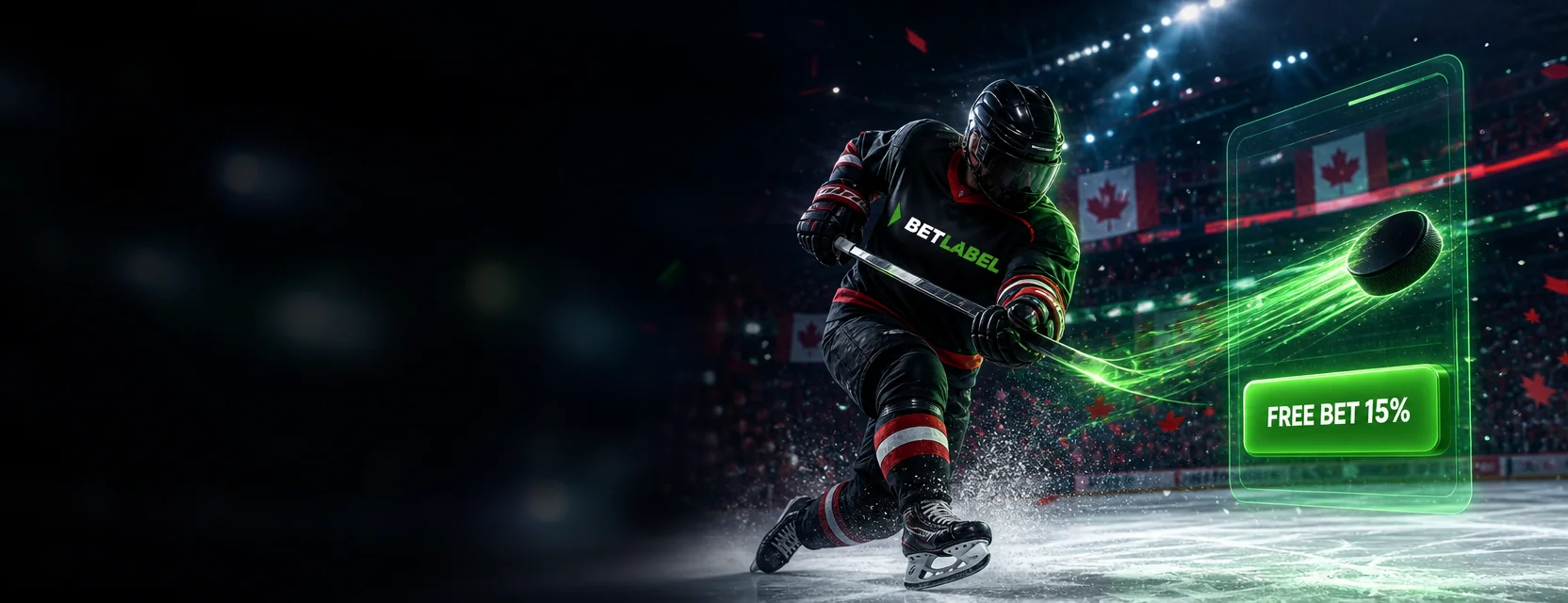 Hockey player in a black jersey with the BetLabel logo taking a slapshot towards a glowing bet slip with the button FREE BET 15%