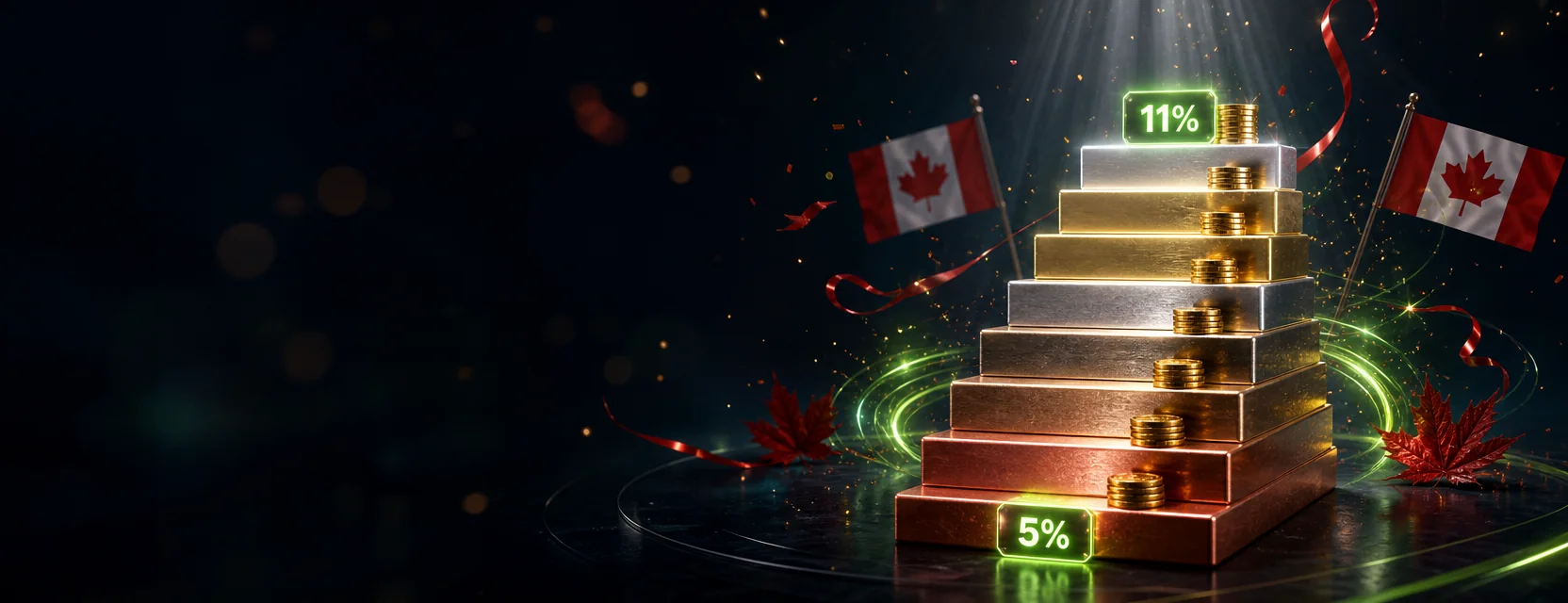 Glowing staircase of eight metal steps from copper to platinum with gold coins, labelled 5% at the bottom and 11% at the top