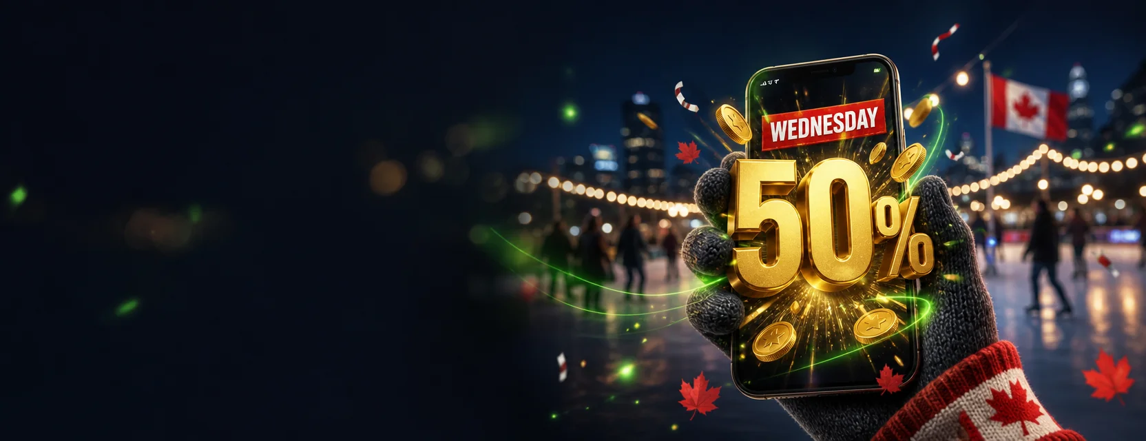 Hand holding a phone at an outdoor skating rink at night, with a red WEDNESDAY banner and a golden 50% popping out of the screen