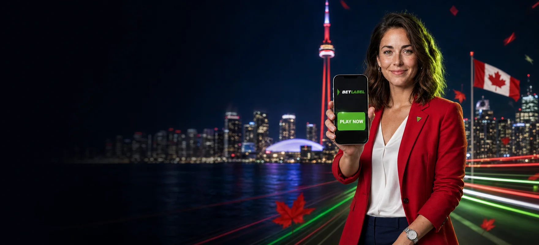 Woman in a red blazer showing a phone with the BetLabel app in front of the Toronto skyline at night Woman in a red blazer showing a phone with the BetLabel app in front of the Toronto skyline at night