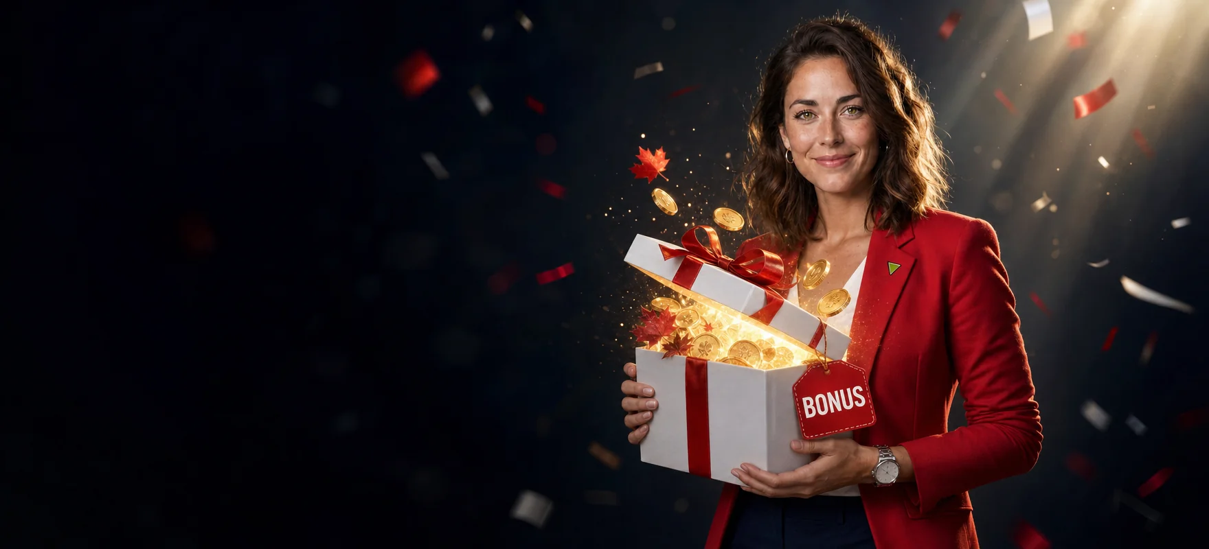 Woman in a red blazer holding a glowing white gift box with a red ribbon and a red tag that reads BONUS, with gold coins bursting out Woman in a red blazer holding a glowing white gift box with a red ribbon and a red tag that reads BONUS, with gold coins bursting out