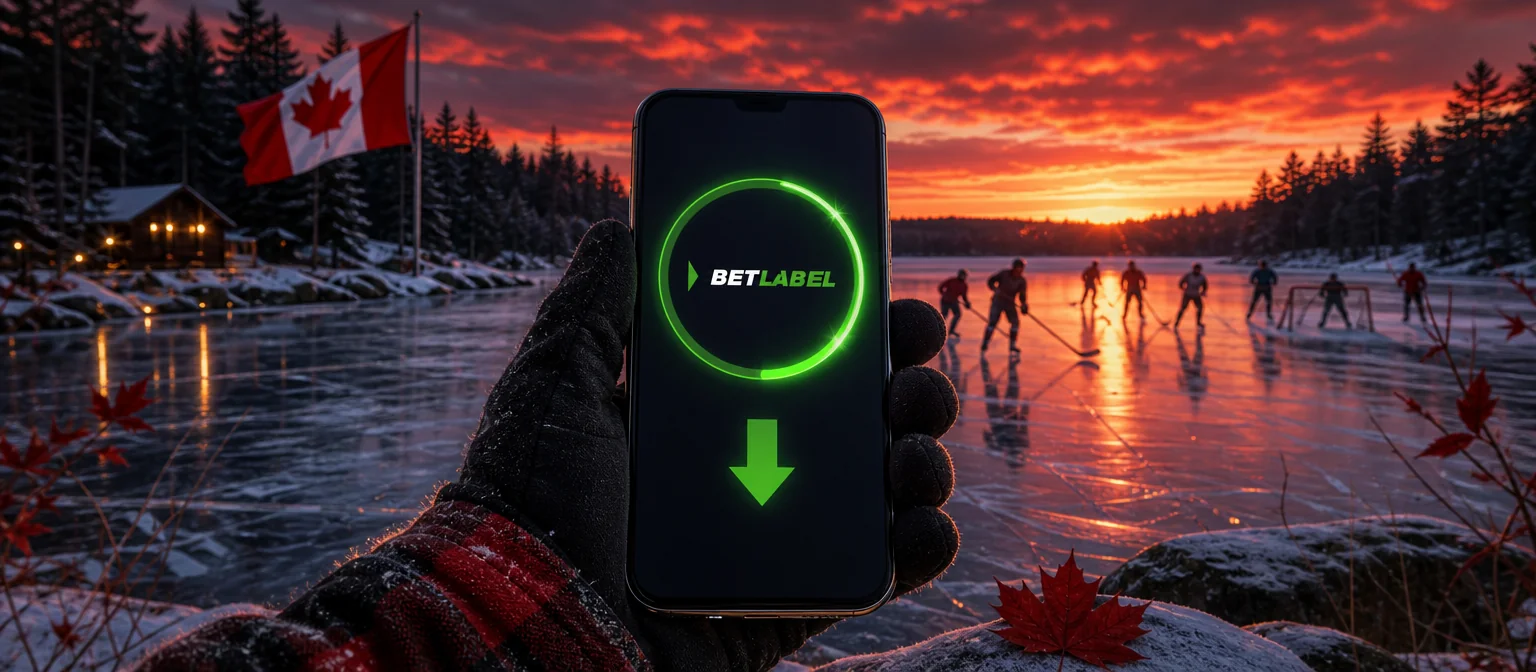 Hand holding a phone with the BetLabel logo inside a green install ring, next to a frozen lake with a pond hockey game at sunset Hand holding a phone with the BetLabel logo inside a green install ring, next to a frozen lake with a pond hockey game at sunset