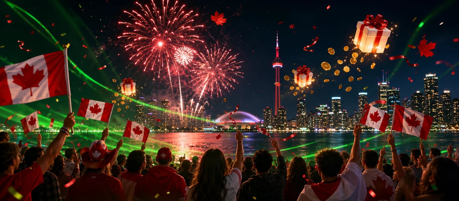 Red and white fireworks over a city waterfront on Canada Day, a crowd from behind waving Canadian flags and floating gift boxes Red and white fireworks over a city waterfront on Canada Day, a crowd from behind waving Canadian flags and floating gift boxes