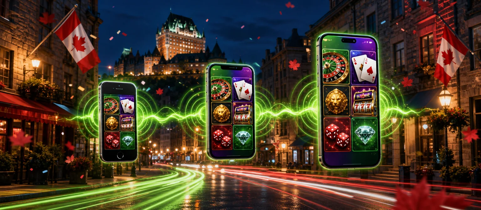Three phones of different generations floating over a night street with light trails, all showing a colourful casino lobby Three phones of different generations floating over a night street with light trails, all showing a colourful casino lobby