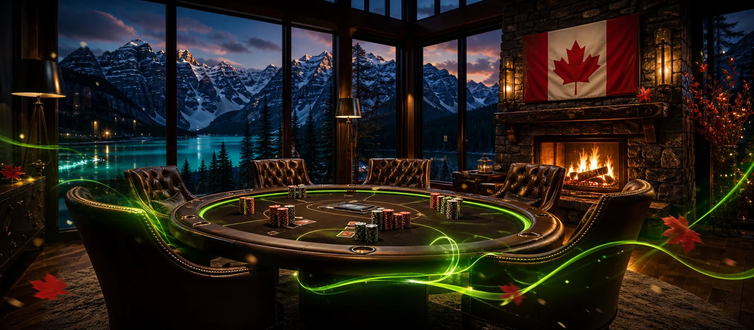 Private VIP lounge in a glass mountain lodge with leather armchairs around a card table, overlooking a turquoise lake and the Rockies at dusk Private VIP lounge in a glass mountain lodge with leather armchairs around a card table, overlooking a turquoise lake and the Rockies at dusk